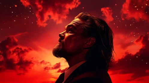 Cinematic male profile under luminous scarlet twilight sky