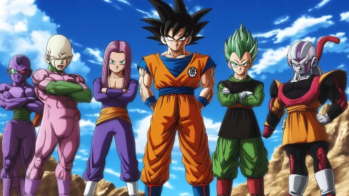 Anime battle lineup under dynamic desert sky, frontal composition.