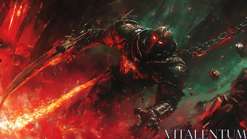 Infernal armored warrior lunges through molten battlefield.