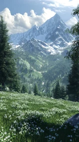 High alpine meadow and snowcapped peak under cumulus cloudbank