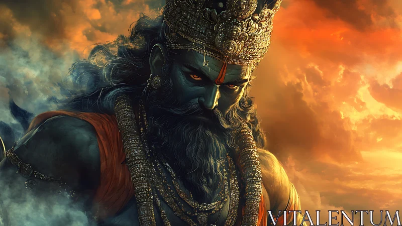 Mythic warrior god glows against burning storm sky.