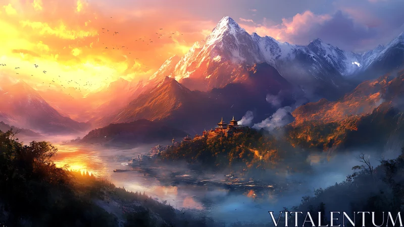 Sunlit mountain temple cradled by glowing river mists.