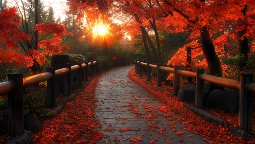 Sunlit autumn pathway curves through scarlet maple canopy