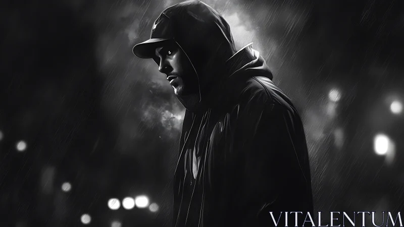 Hooded night wanderer pausing under rain soaked city lights.