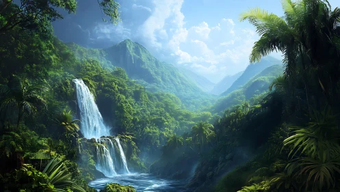Lush tropical valley shows tiered waterfall and misty peaks