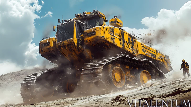 Dust-storm titan crawler storms a blazing construction dune.