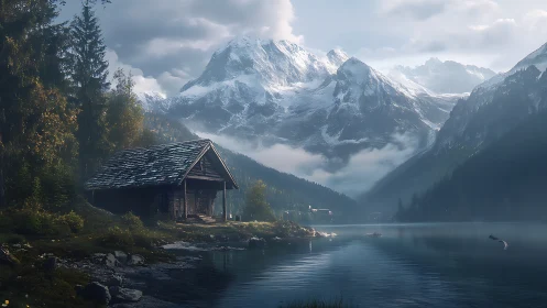 Remote wooden lake cabin under towering snowy peaks.