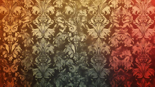 Warm vintage damask wallpaper glowing with sunset hues.