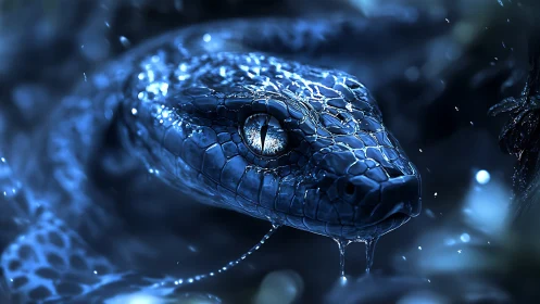 Bioluminescent blue serpent rendered in glossy close-up.