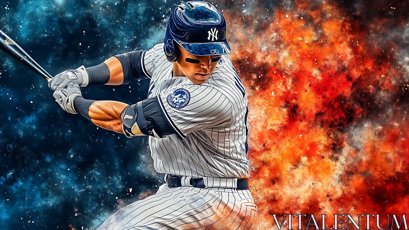 Digital baseball slugger over explosive abstract backdrop.