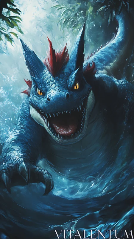 Blue aquatic dragon lunges forward through crashing water.