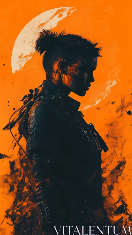 Cybernetic warrior silhouette under fractured lunar arc.