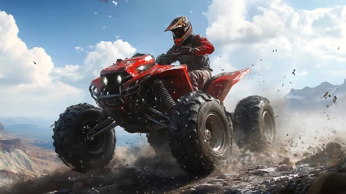 High-torque quad ATV ascending rocky desert ridge at speed.