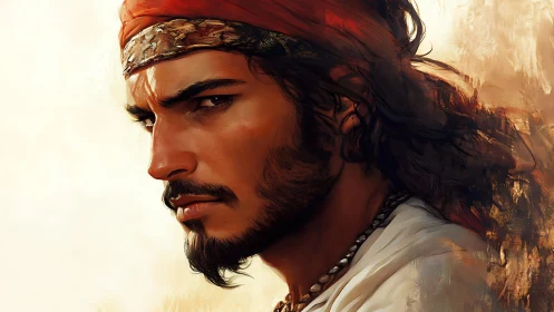 Cinematic digital portrait of stern pirate with red headscarf