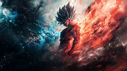 Dynamic anime warrior in bifurcated cosmic energy field.