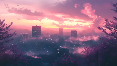 Neon dusk skyline framed by misty cherry blossoms.