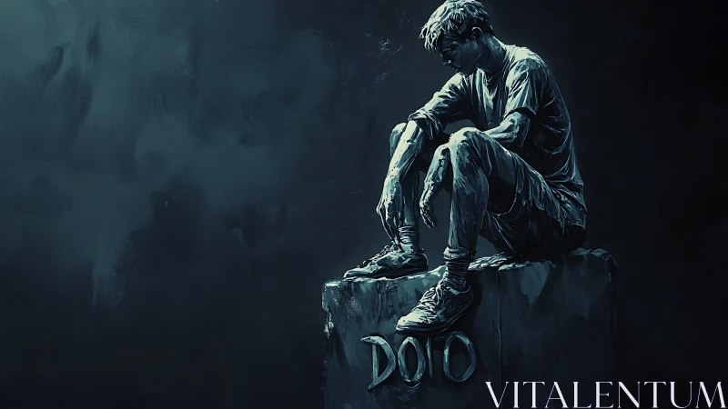 Brooding stone dreamer perched above the digital void.