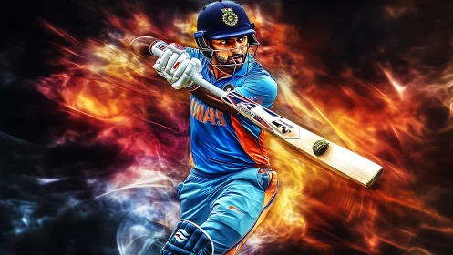Cricket batter in blue uniform with stylized energy backdrop.