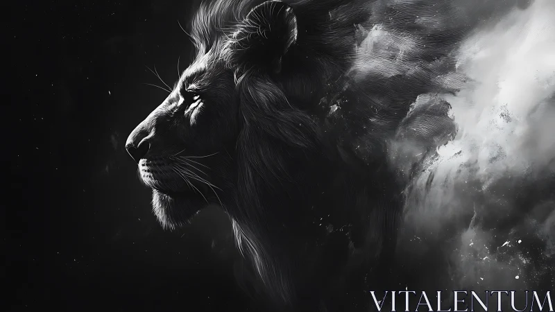 Monochrome lion profile dissolving into abstract mist.