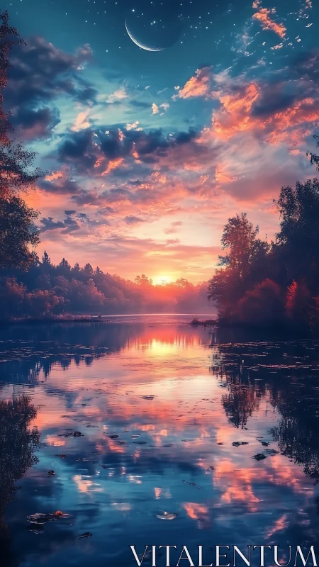 Dreamlike sunset lake mirrors glowing clouds and crescent moon.