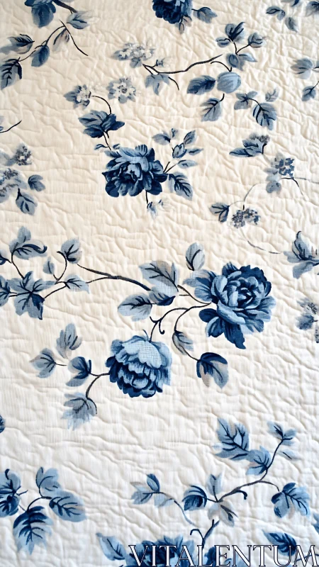 Indigo floral quilt pattern with textured stitched cotton surface.