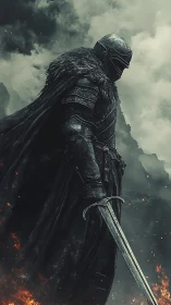 Dark-armored knight stands amid burning storm horizon.