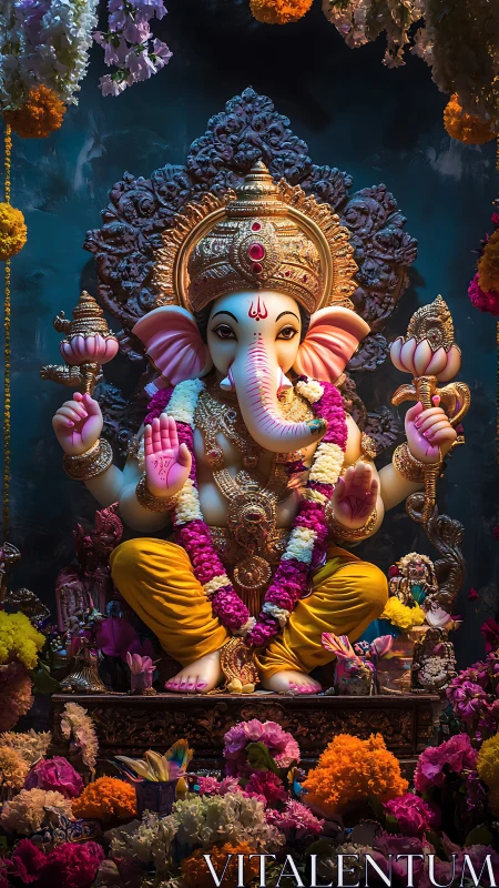 Photorealistic Ganesha idol with ornate floral shrine composition.