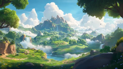 Expansive stylized valley landscape with rivers and mountains.