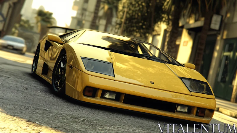 Sunlit yellow supercar cruising through a lively city street.