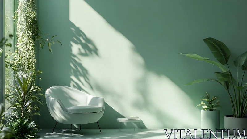 Sunlit mint interior shows biophilic reading nook with soft shadows