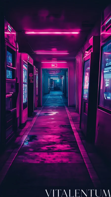 Neon hallway glows in vivid pink light and quiet mystery