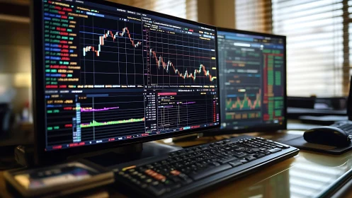 Dual-monitor quantitative trading workstation with live charts.