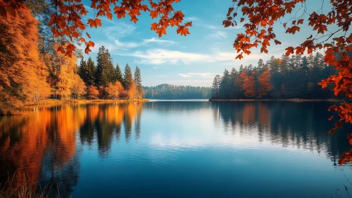 Lake reflects dense autumn forest and bright blue sky clearly