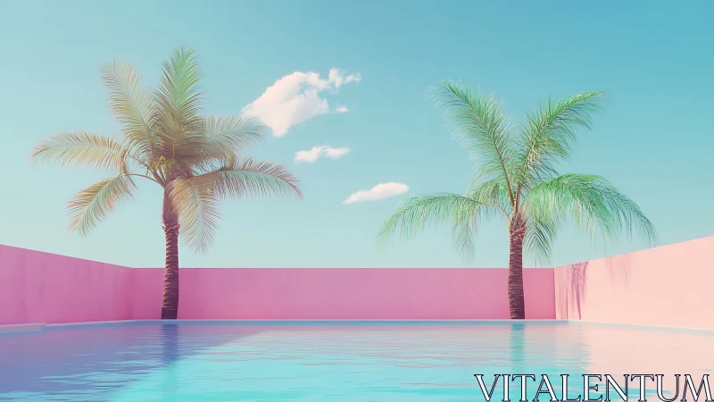 Palm trees float above a candy-pink dream pool horizon.