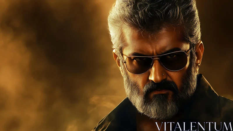 Intense bearded man portrait against golden smoky backdrop.