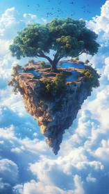 Peaceful sky island with a sunlit tree and quiet pond.