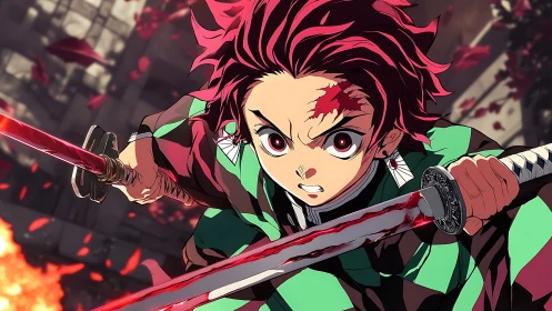 Fierce anime swordsman charges forward with blazing resolve