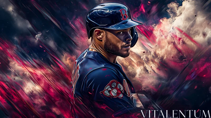 Baseball batter in blue uniform with abstract streaked clouds.