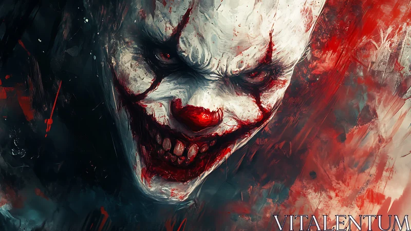 Digital portrait shows distorted clown face in red and white tones