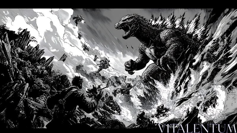 Giant reptilian kaiju emerging from sea amid armed response.