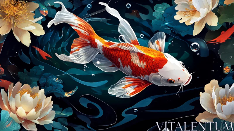 Radiant koi gliding through luminous lotus pond nightscape.