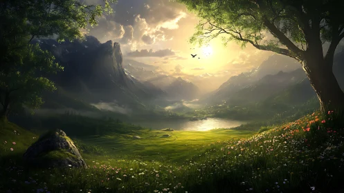 Sunlit alpine valley with luminous lake and wildflower meadow.