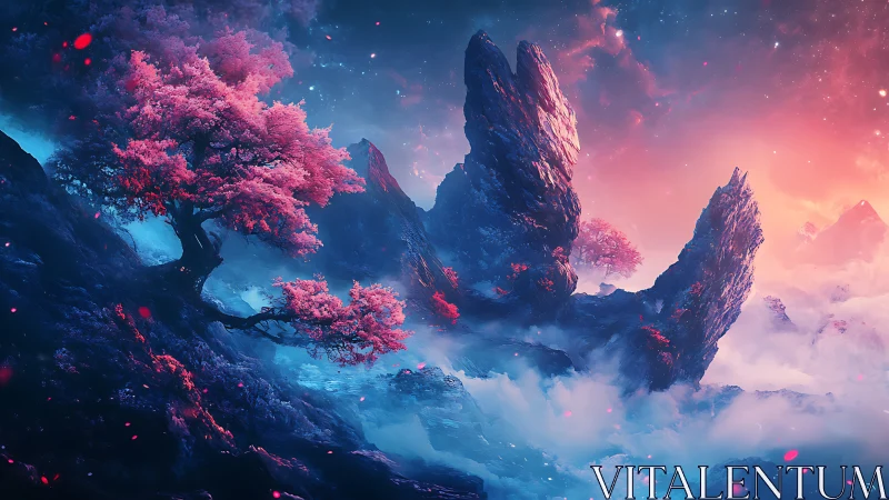 Neon sakura forest crowns jagged cliffs above astral mist