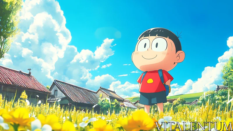 Anime child explores rural summer field under luminous skies