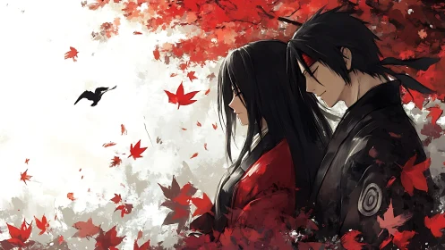 Samurai couple in red maple storm, contemplative side profile.