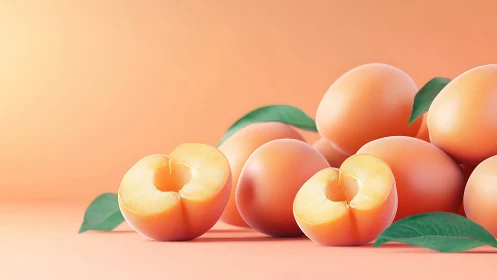 High-gloss 3D apricots with volumetric lighting and soft shadows