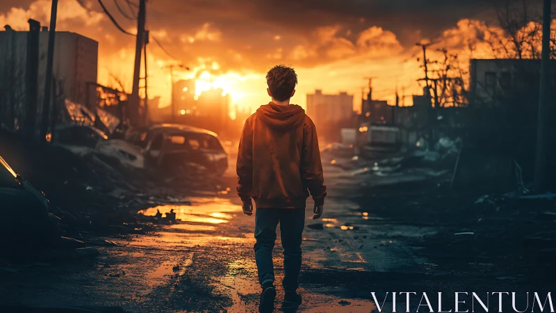 Lone survivor walks ruined city street toward burning horizon