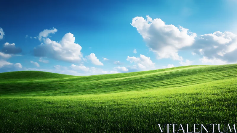 Green rolling meadow under bright blue sky with clouds.