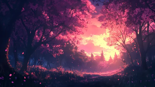 Luminescent cherry grove corridor under radiant sunset sky.