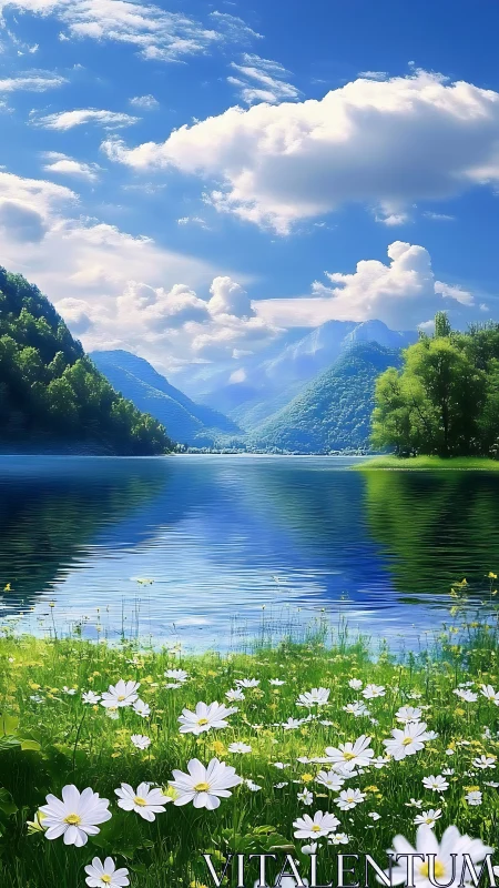 Daisy chorus by a glassy blue lake under wandering clouds.